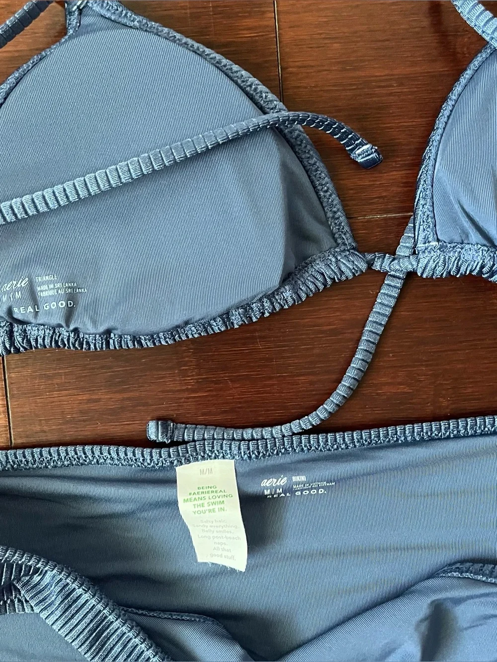 Aerie Blue Ribbed Triangle Bikini Set - Women Swim